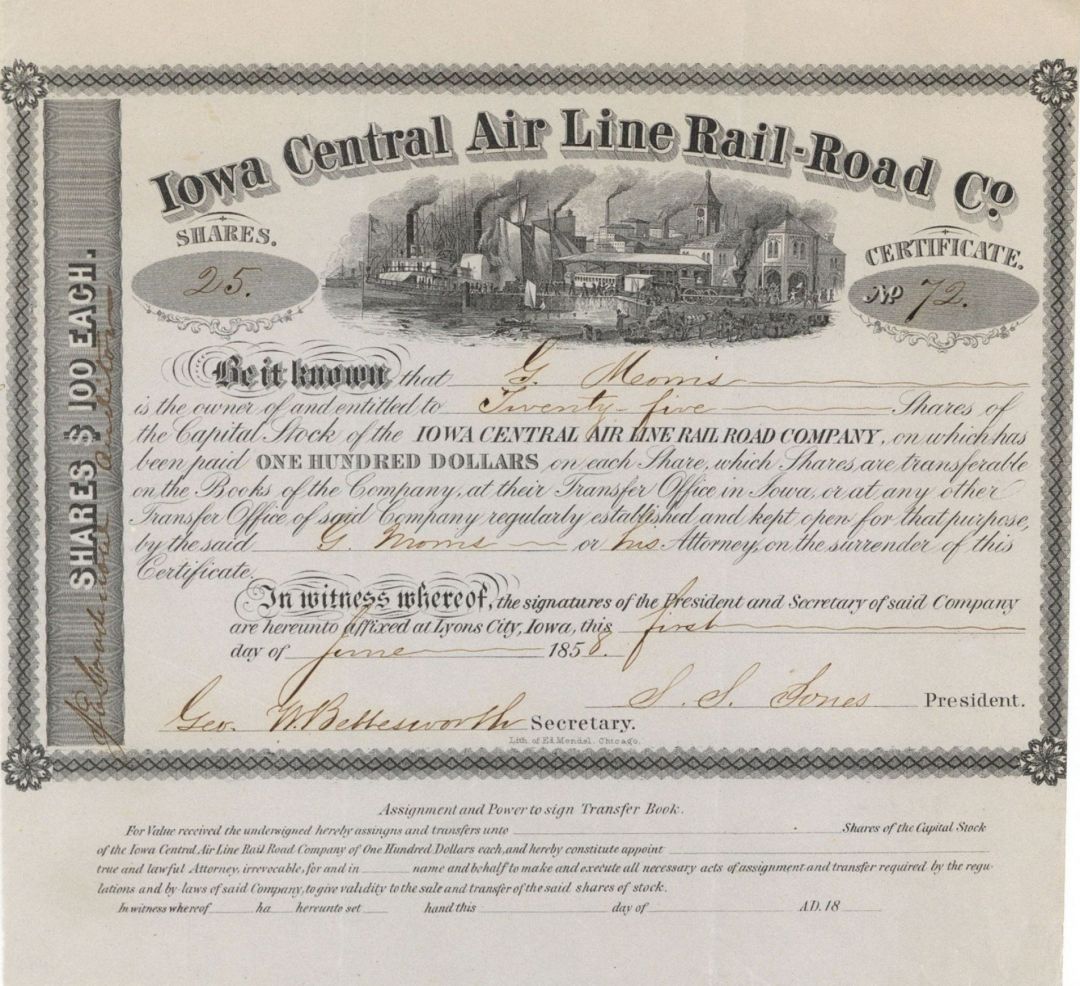 Iowa Central Air Line Rail-Road Co. -  Stock Certificate