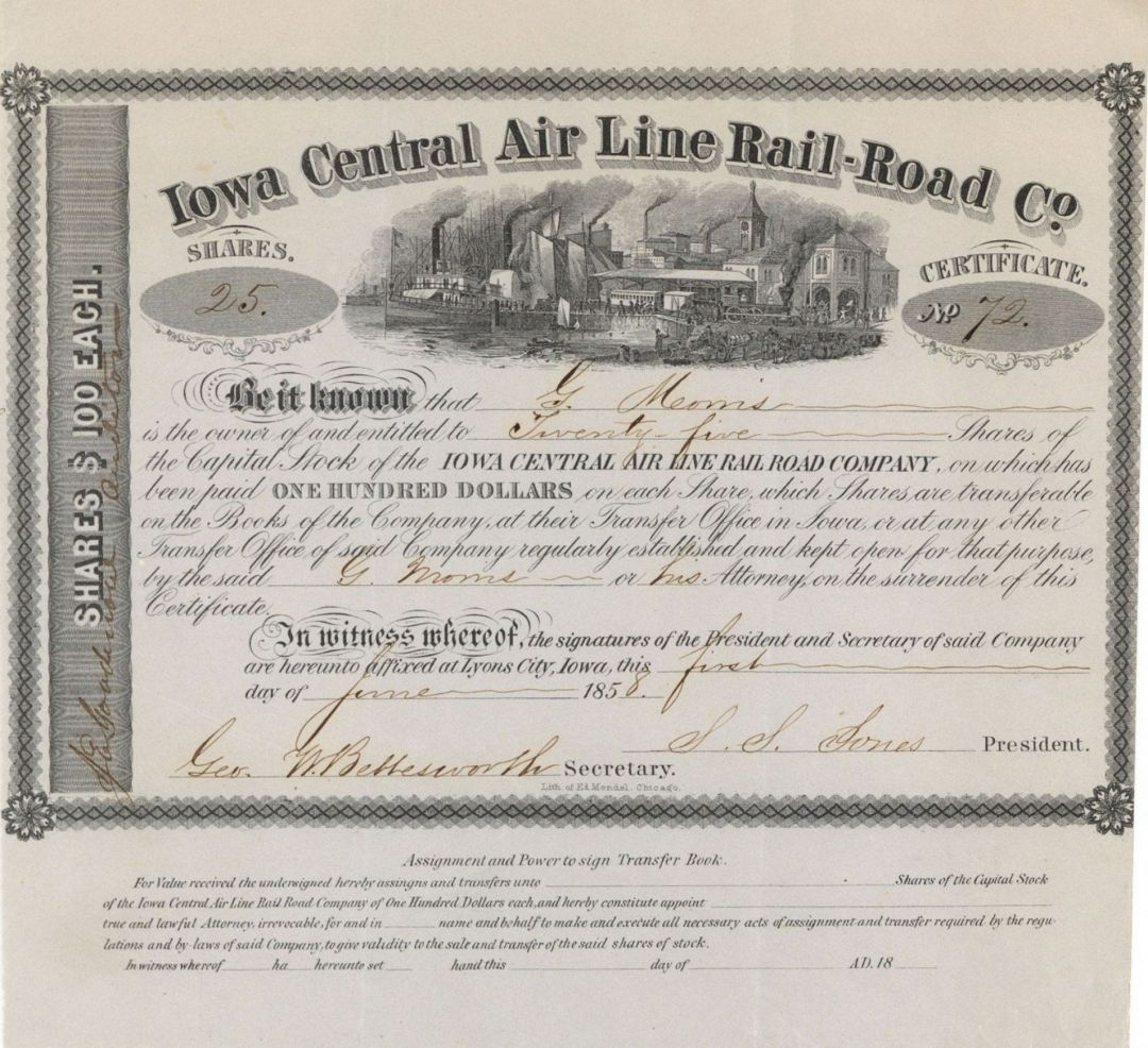 Iowa Central Air Line Rail-Road Co. - 1858 dated Railway Stock Certificate
