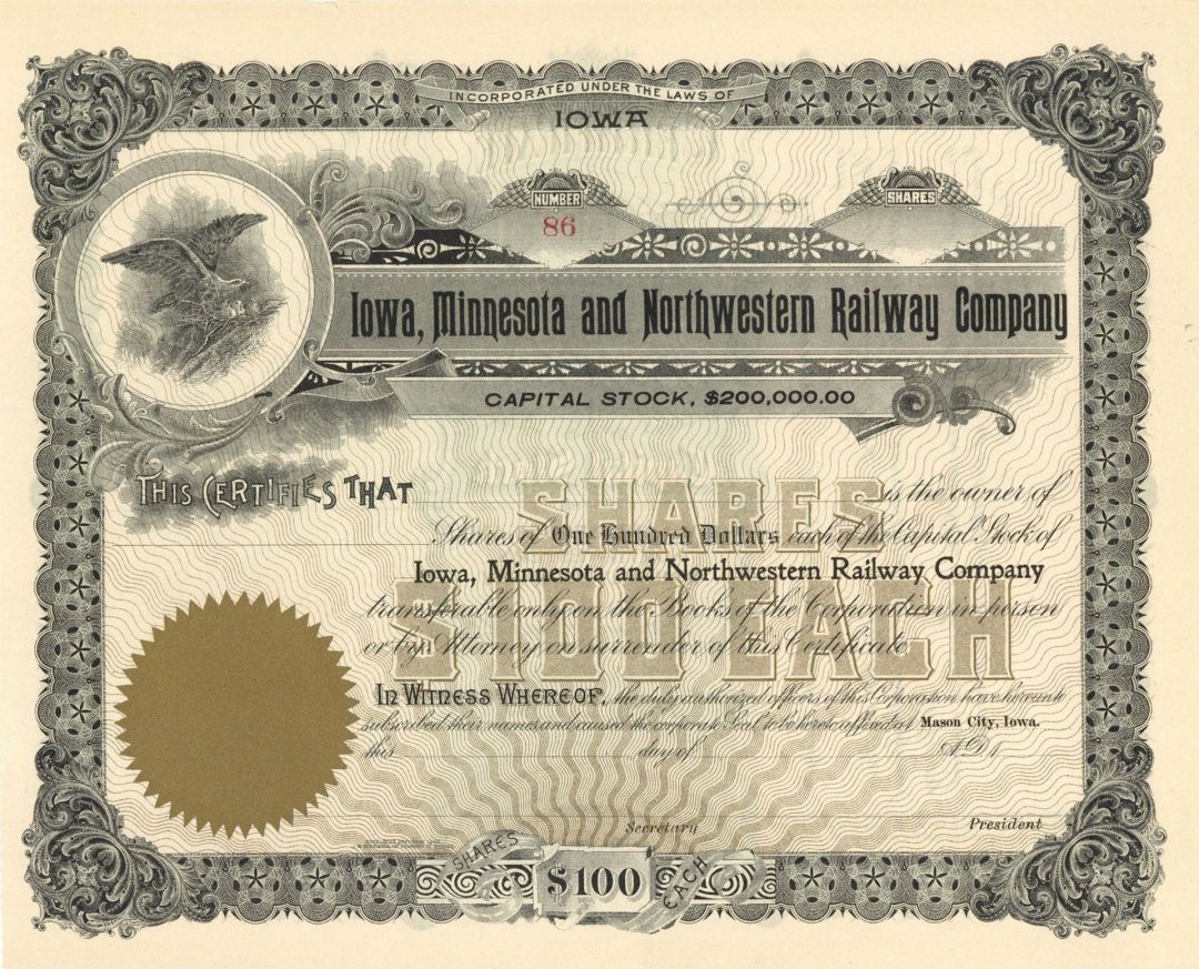 Iowa, Minnesota and Northwestern Railway Co. -  Stock Certificate