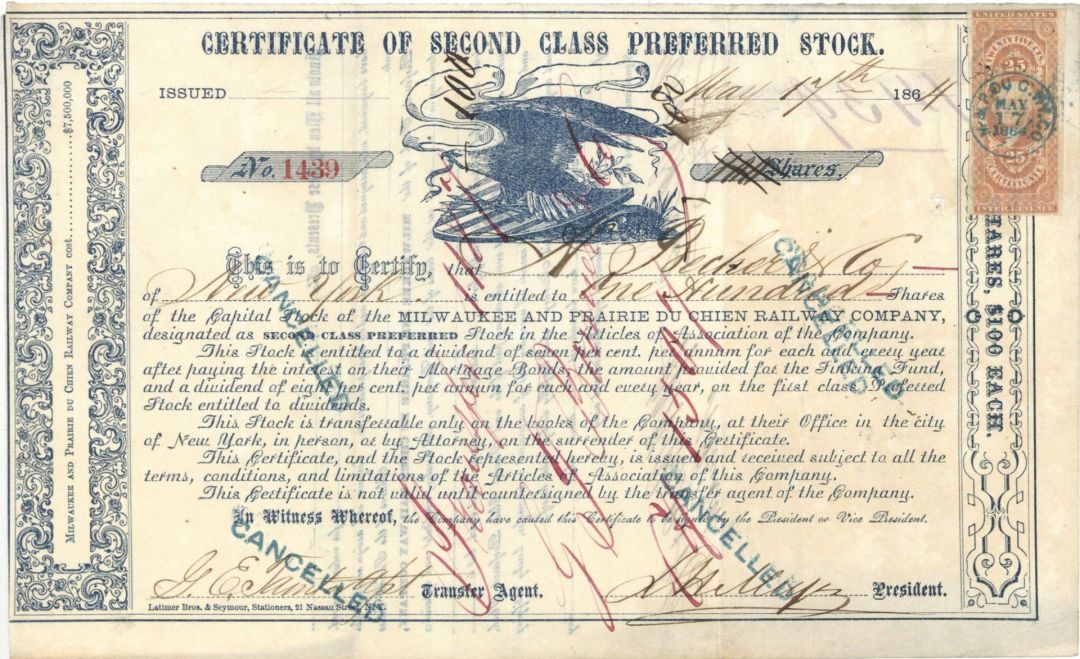 Milwaukee and Prairie Du Chien Railway Co. -  1864 Stock Certificate