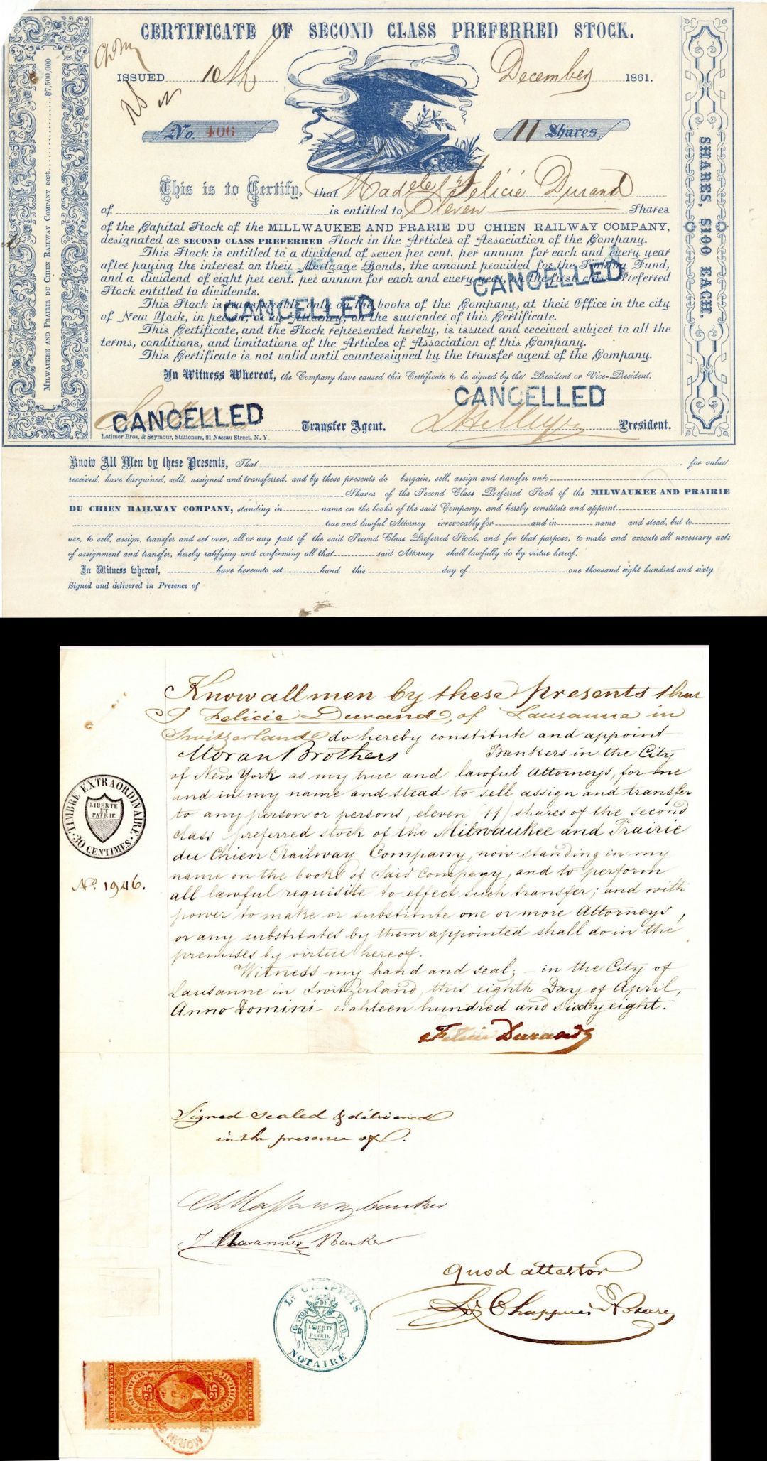Milwaukee and Prairie Du Chien Railway Co. -  Stock Certificate