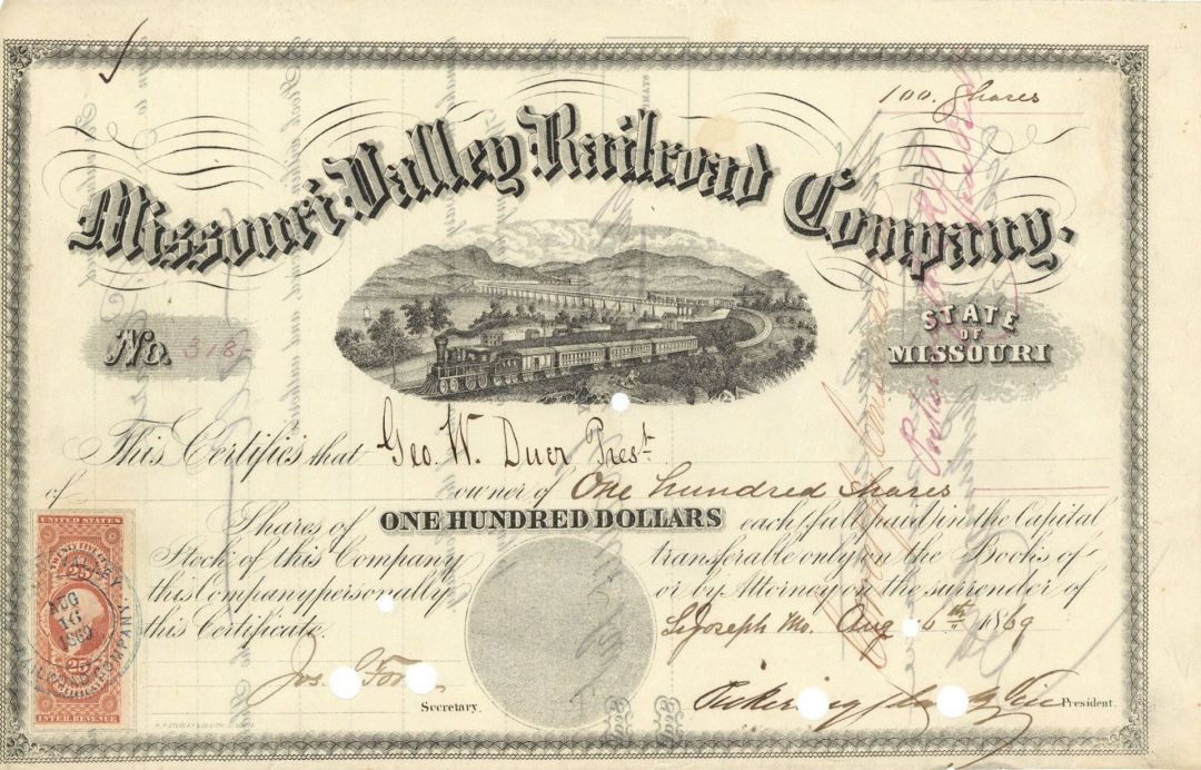 Missouri Valley Railroad Co. -  Stock Certificate