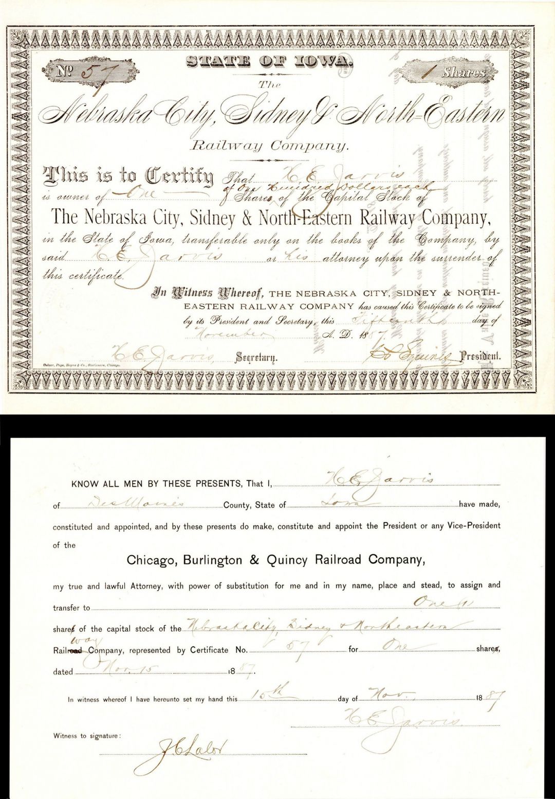 Nebraska City, Sidney and North-Eastern Railway Co. -  Stock Certificate