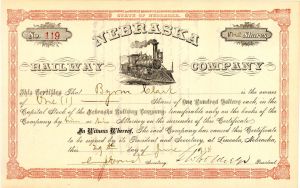 Nebraska Railway Co. -  Unissued Railway Stock Certificate - Very Rare