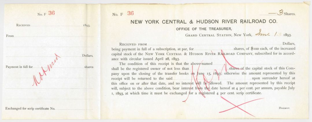 New York Central and Hudson River Railroad Co. - 1893 dated Unissued Railway Stock Certificate