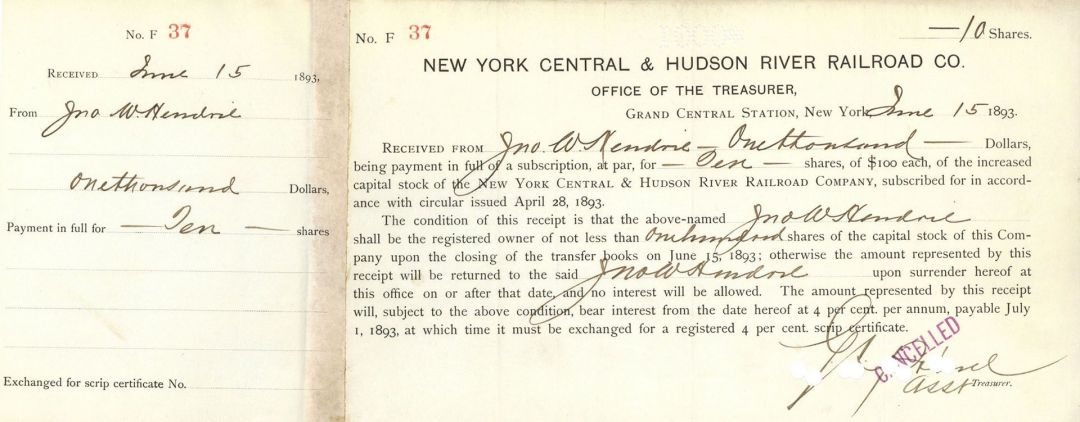 New York Central and Hudson River Railroad Co. -  Stock Certificate