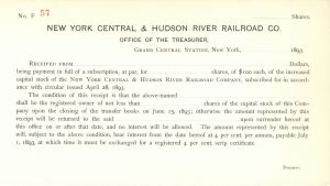 New York Central and Hudson River Railroad Co. - 1893 dated Unissued Railway Stock Certificate