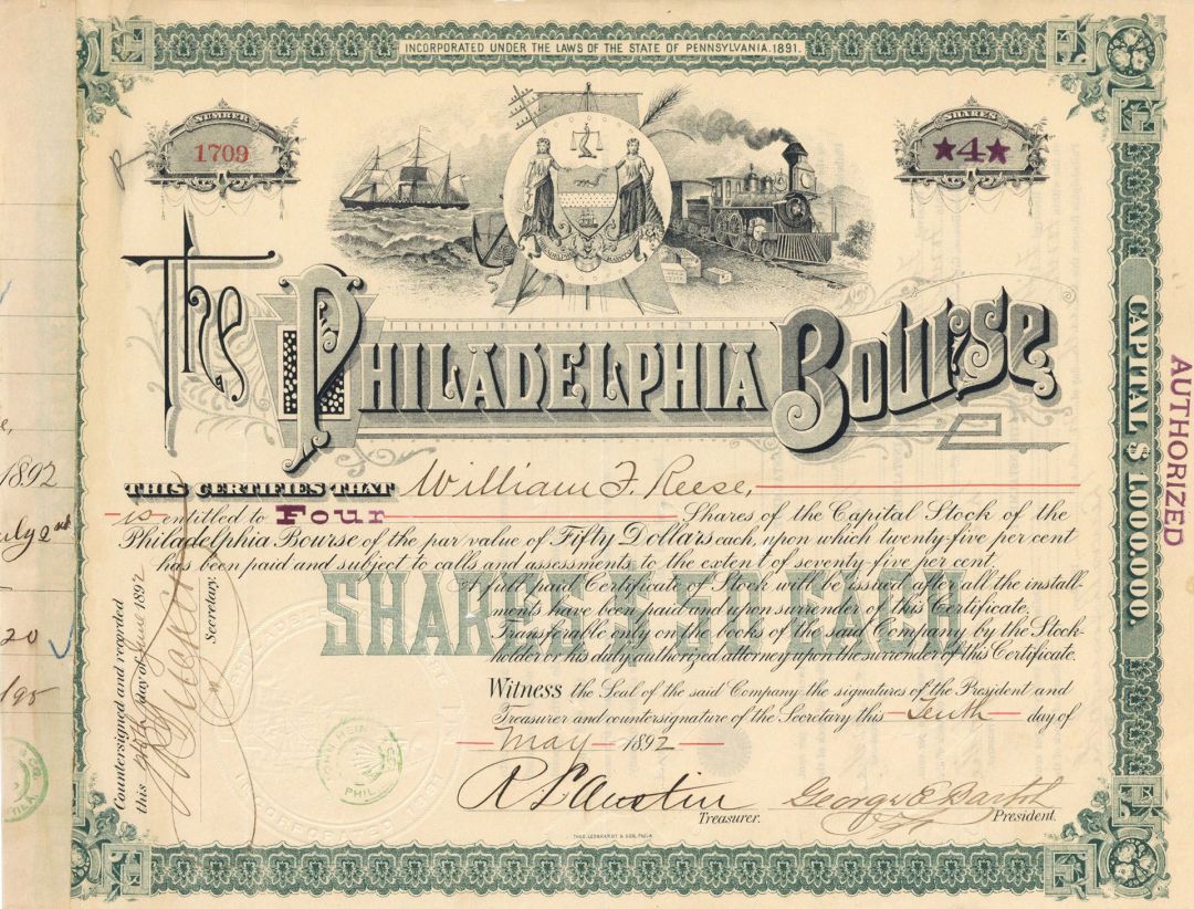 Philadelphia Bourse -  Stock Certificate