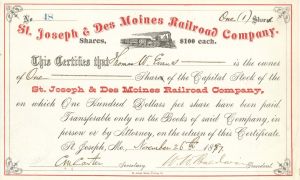 St. Joseph and Des Moines Railroad Co. -  Stock Certificate