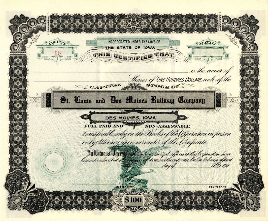 St. Louis and Des Moines Railway Co. -  Stock Certificate