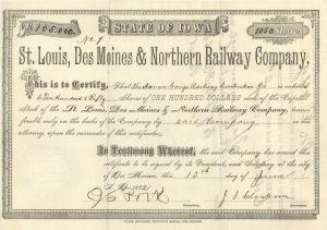 St. Louis, Des Moines and Northern Railway Co. -  Stock Certificate