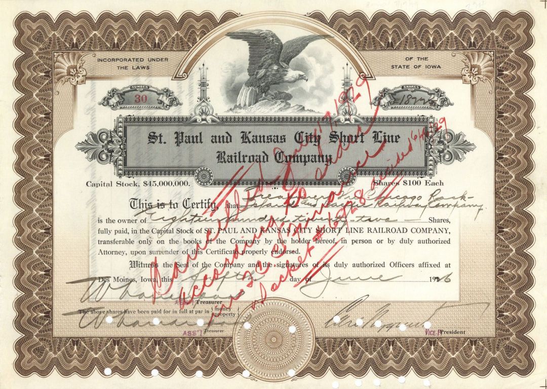 St. Paul and Kansas City Short Line Railroad Co. -  Stock Certificate