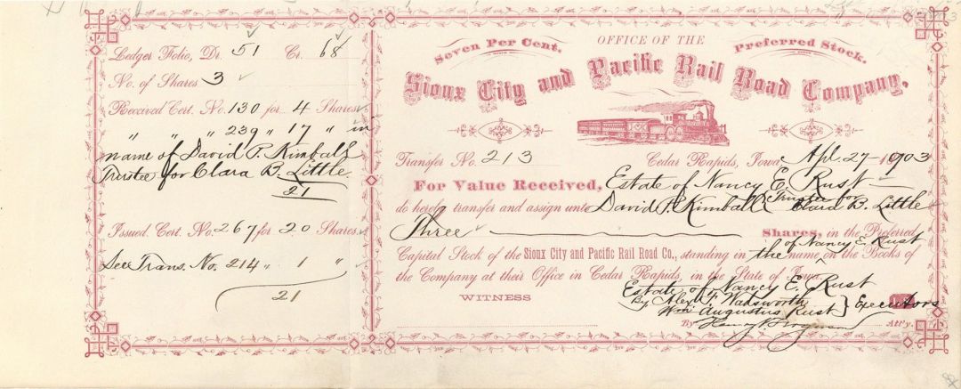 Sioux City and Pacific Rail Road Co. -  1903 or 1904 dated Stock Certificate