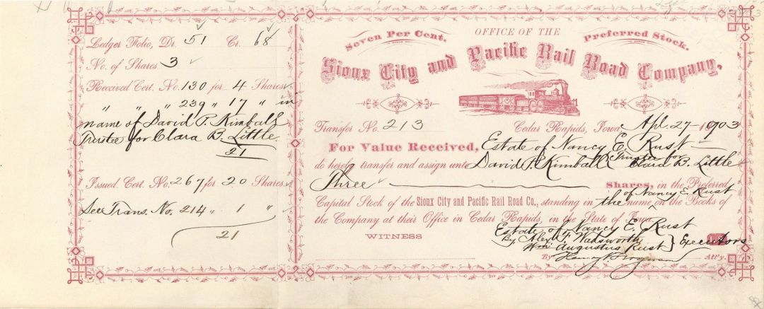 Sioux City and Pacific Rail Road Co. -  Stock Certificate