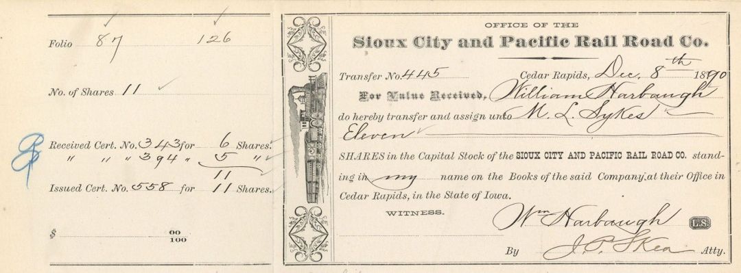 Sioux City and Pacific Rail Road Co. -  Stock Certificate