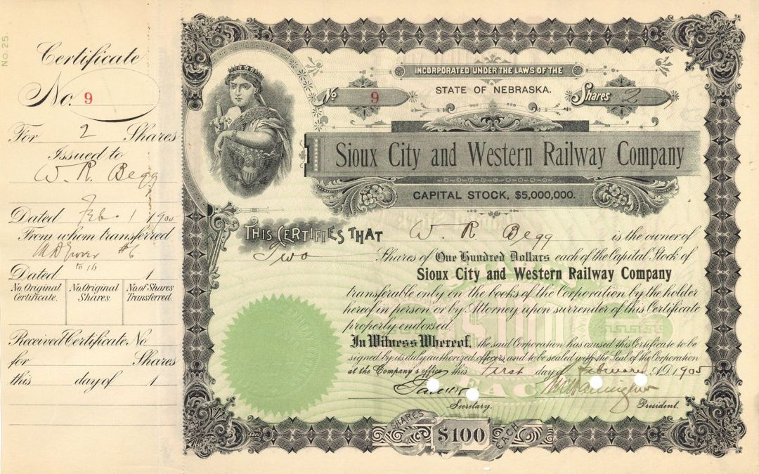 Sioux City and Western Railway Co. -  Stock Certificate