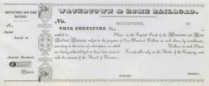 Watertown and Rome Railroad - Extremely Rare - Unissued Railway Stock Certificate - Newly Discovered
