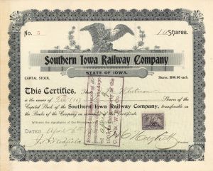 Southern Iowa Railway Co. -  Stock Certificate