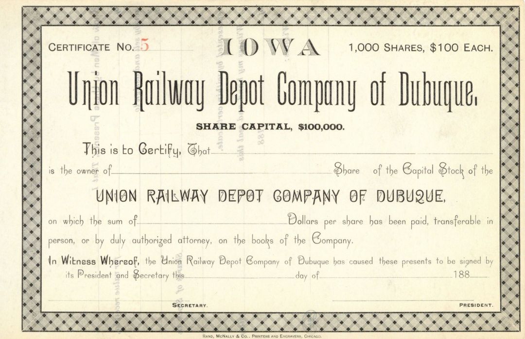 Union Railway Depot Company of Dubuque -  Stock Certificate