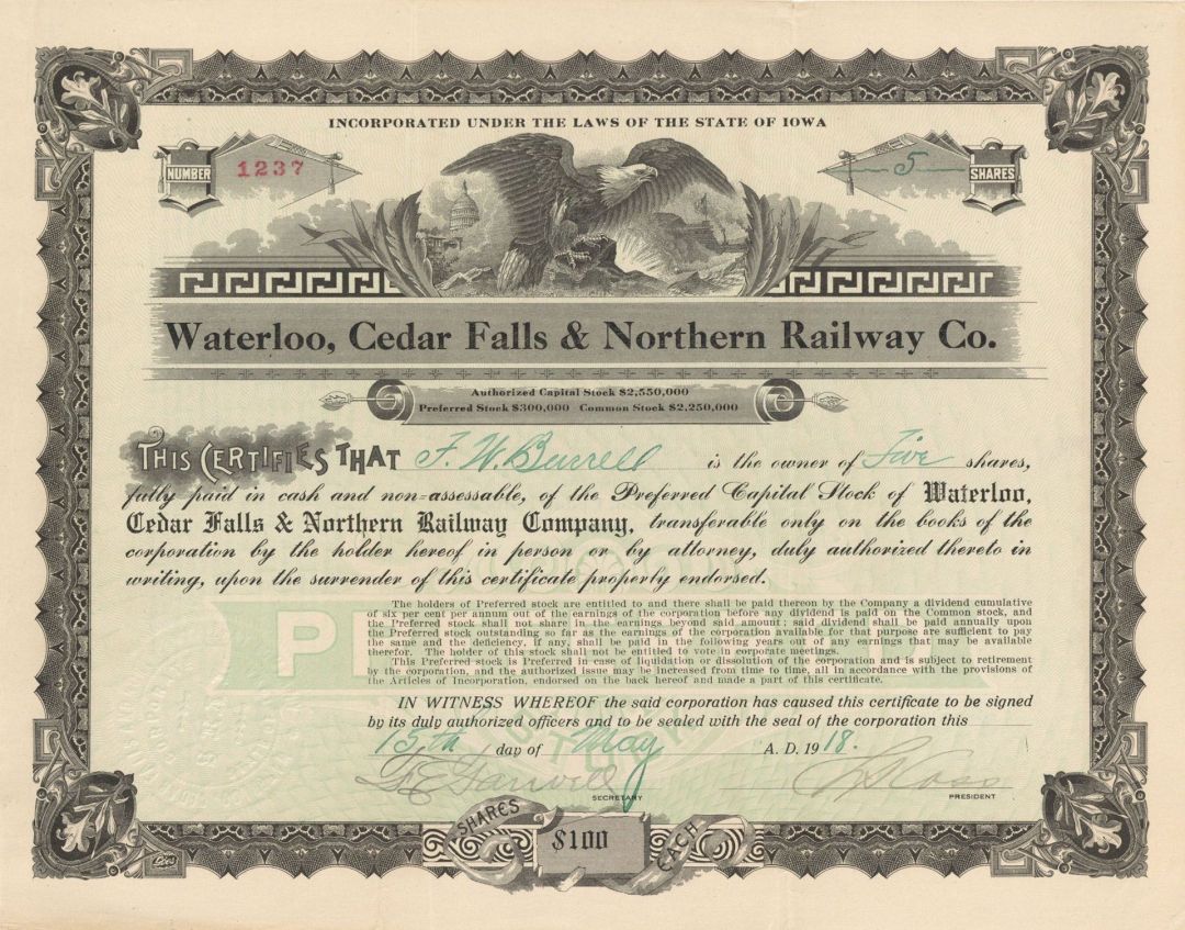 Waterloo, Cedar Falls and Northern Railway Co. - Iowa Railroad Stock Certificate