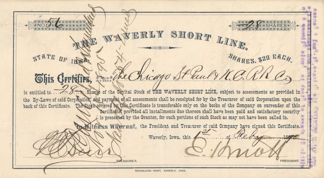 Waverly Short Line -  Stock Certificate