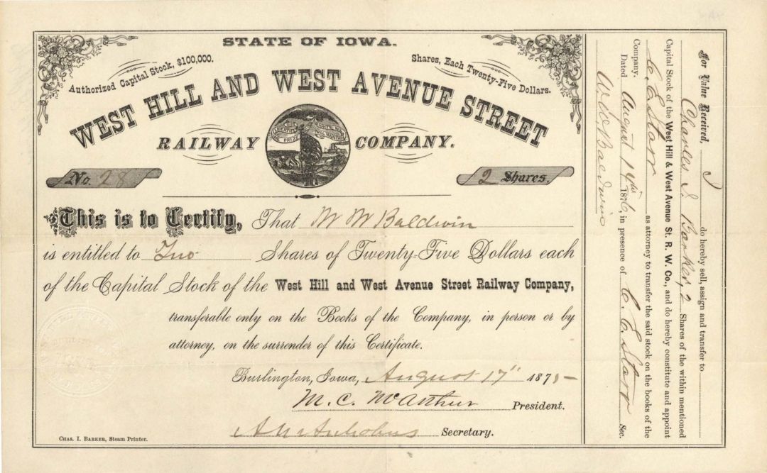West Hill and West Avenue Street Railway Co. -  1871 or 1875 dated Stock Certificate