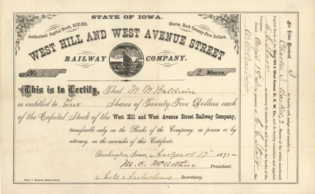 West Hill and West Avenue Street Railway Co. -  Stock Certificate