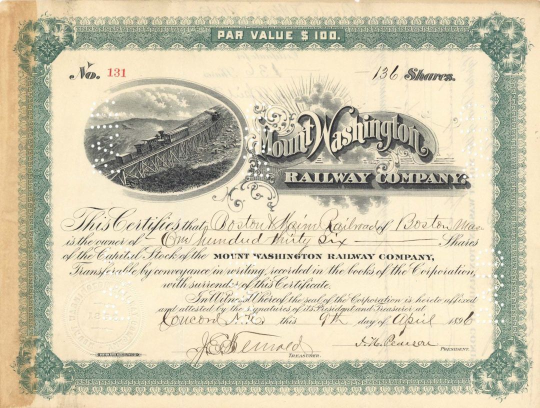 Mount Washington Railway Co. - Mt. Washington Cog Railroad Stock Certificate - Coos County, New Hampshire