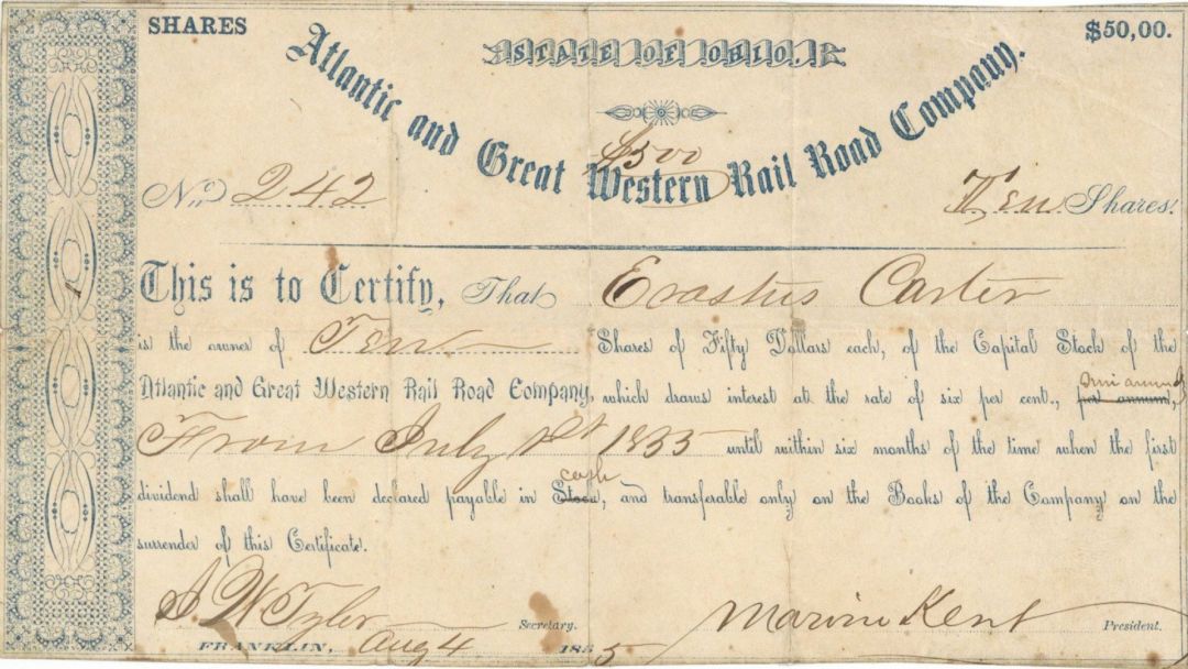 Atlantic and Great Western Rail Road Co. - Ohio Railway Stock Certificate