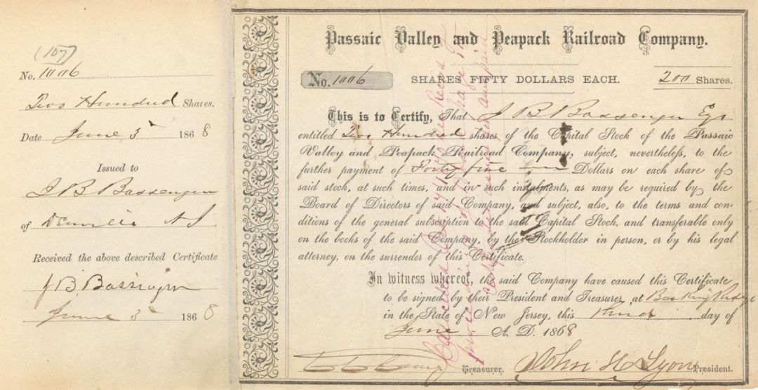 Passaic Valley and Peapack Railroad Co. - 1860's dated Railway Stock Certificate