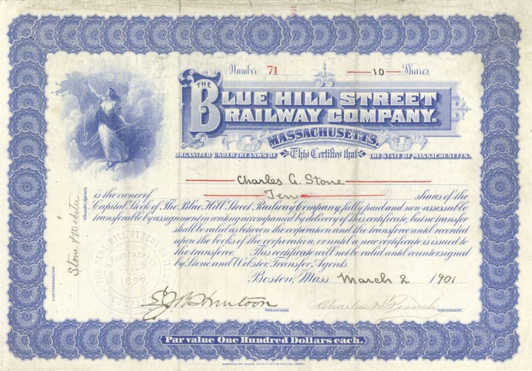 Blue Hill Street Railway Co. - Massachusetts Railroad Stock Certificate