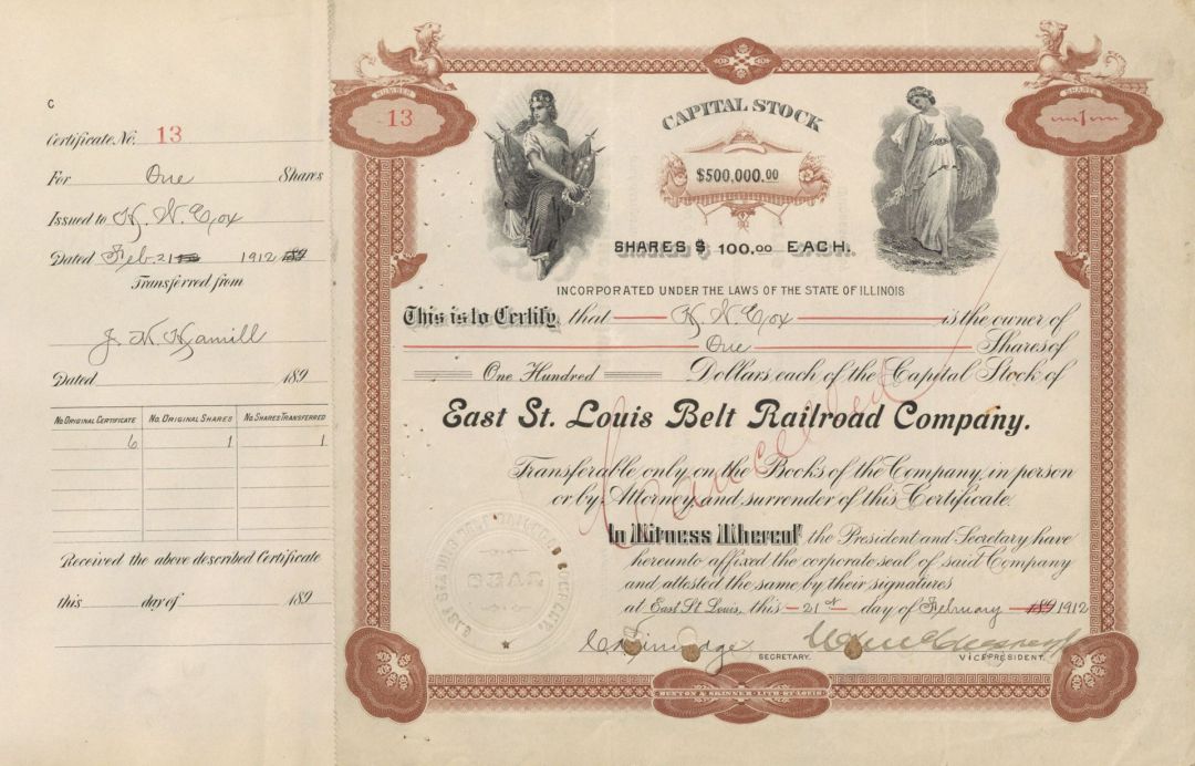 East St. Louis Belt Railroad Co. - 1912-1953 dated Railway Stock Certificate