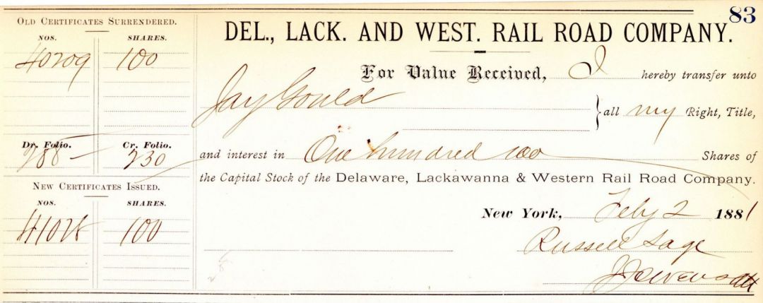 Transfer to Jay Gould for Delaware, Lackawanna & Western Rail Road Co. - Railway Transfer Receipt