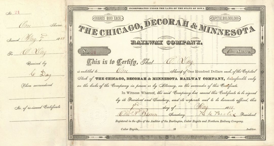 Chicago, Decorah and Minnesota Railway Co. - Stock Certificate