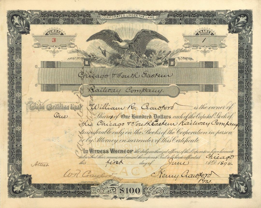 Chicago and South Eastern Railway Co. - Railroad Stock Certificate