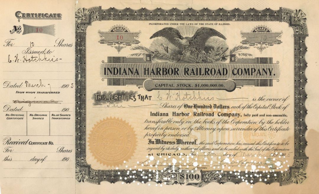 Indiana Harbor Railroad Co. - Stock Certificate