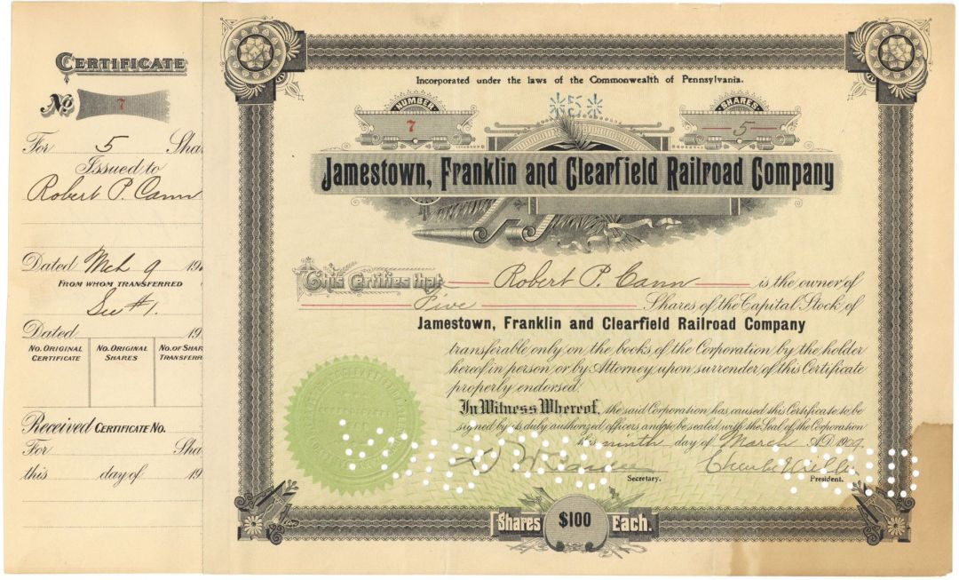 Jamestown, Franklin and Clearfield Railroad Co. - 1911 dated Railway Stock Certificate - Archival Repairs and Stain