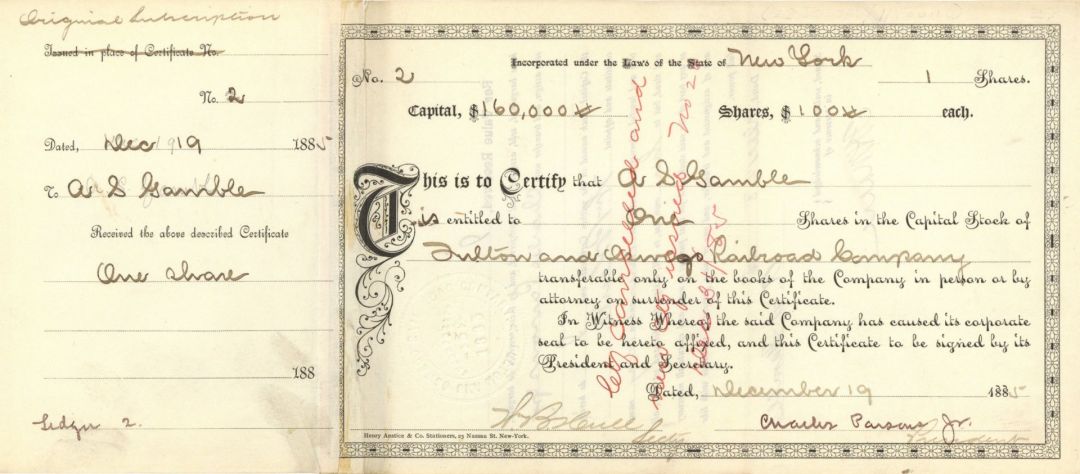 Fulton and Oswego Railroad Co. - Stock Certificate