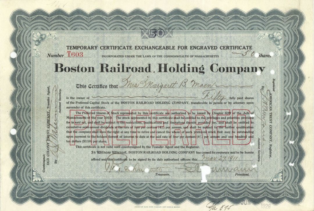 Boston Railroad Holding Co. - Stock Certificate