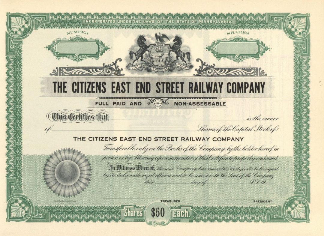 Citizens East End Street Railway Co. - Stock Certificate
