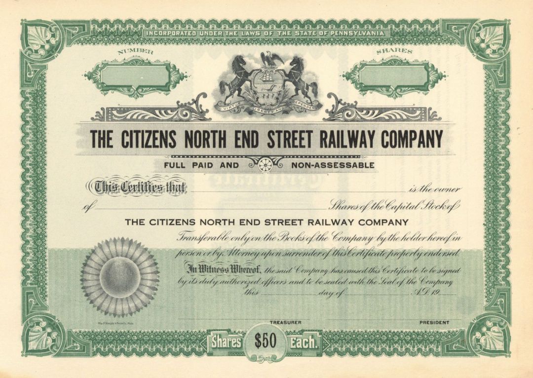 Citizens North End Street Railway Co. - Stock Certificate