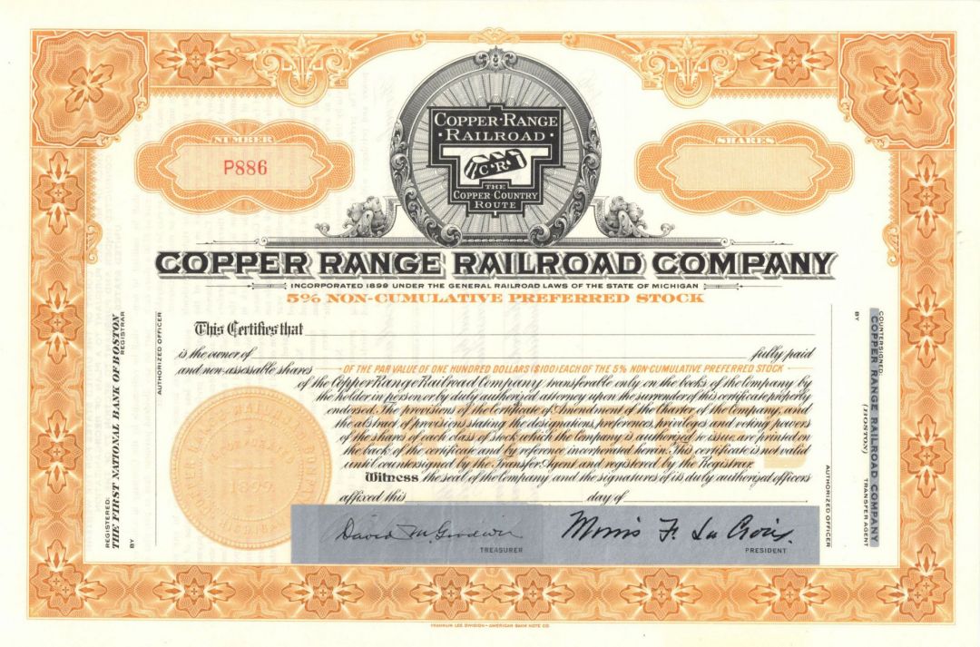 Copper Range Railroad Co. - Stock Certificate