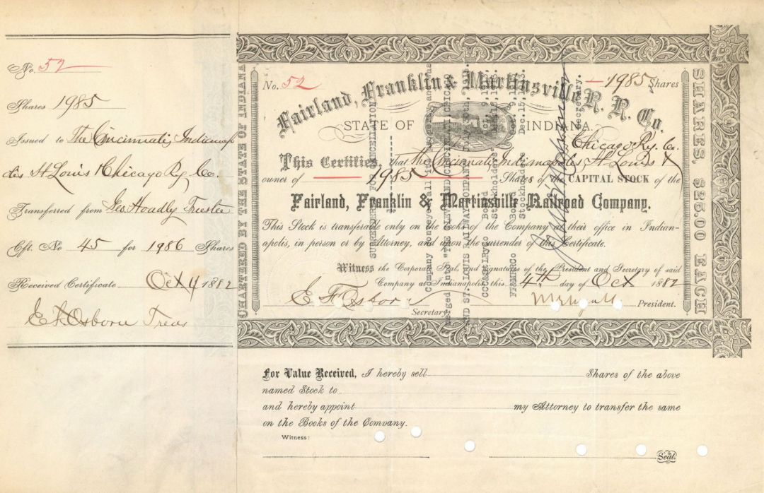 Fairland, Franklin and Martinsville Railroad Co. - Stock Certificate