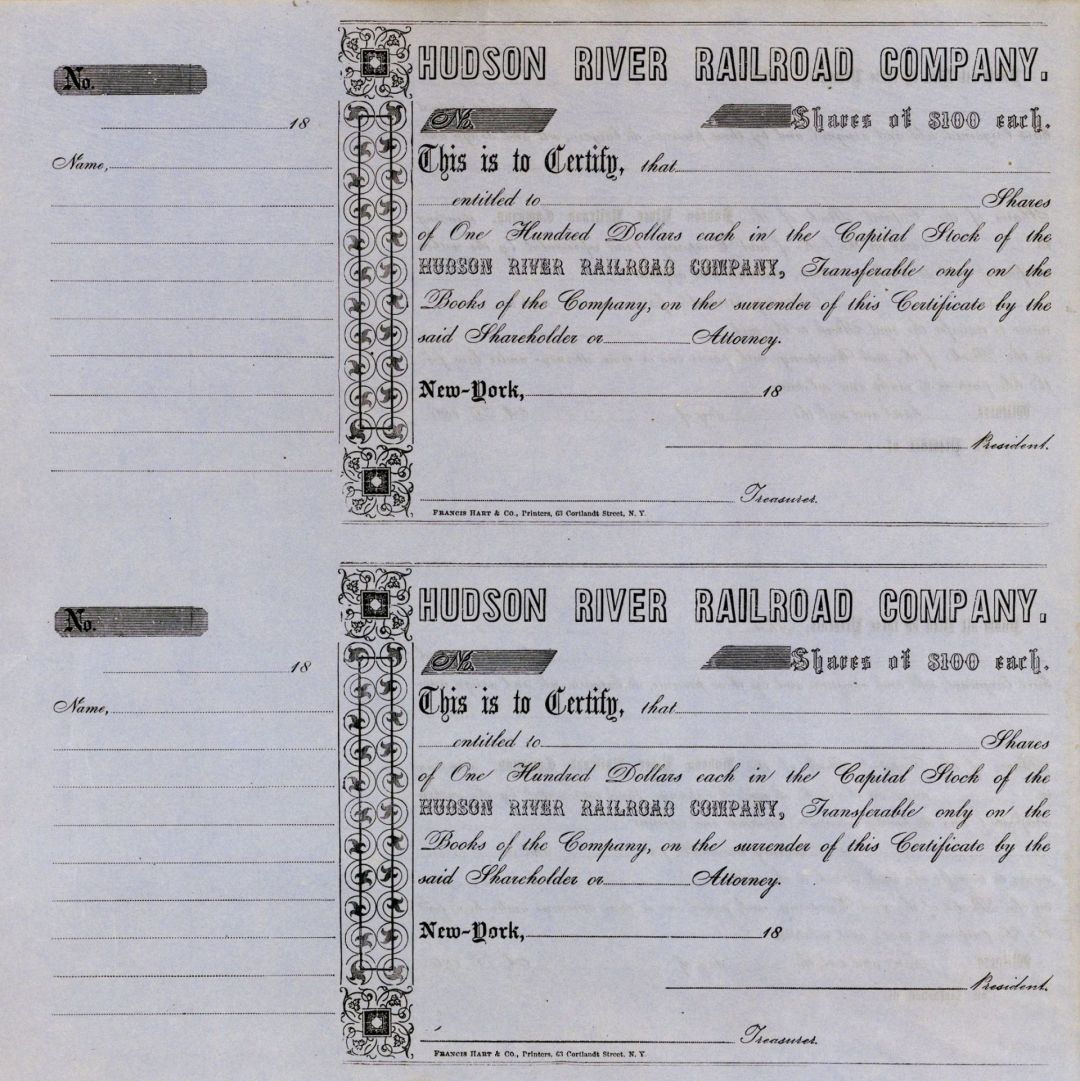 Hudson River Railroad Co. - Uncut Pair of Unissued Stock Certificates