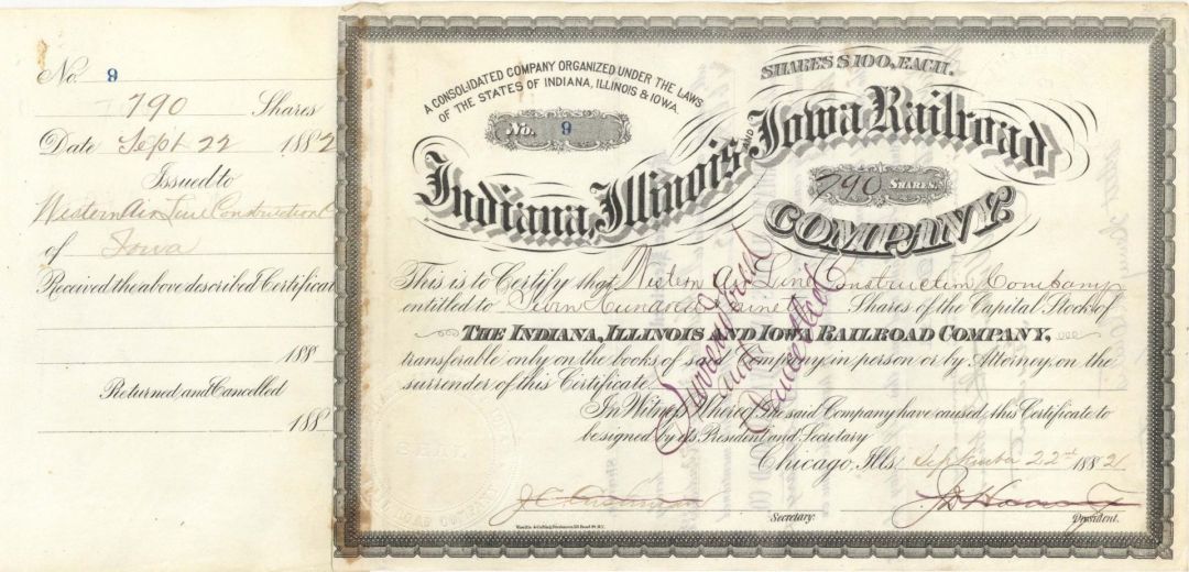 Indiana, Illinois and Iowa Railroad Co. - 1882 dated Stock Certificate