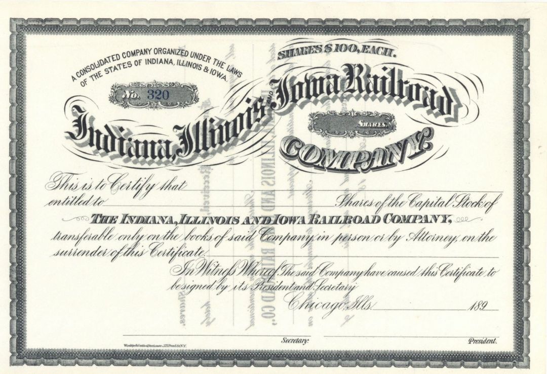 Indiana, Illinois and Iowa Railroad Co. - Unissued Stock Certificate