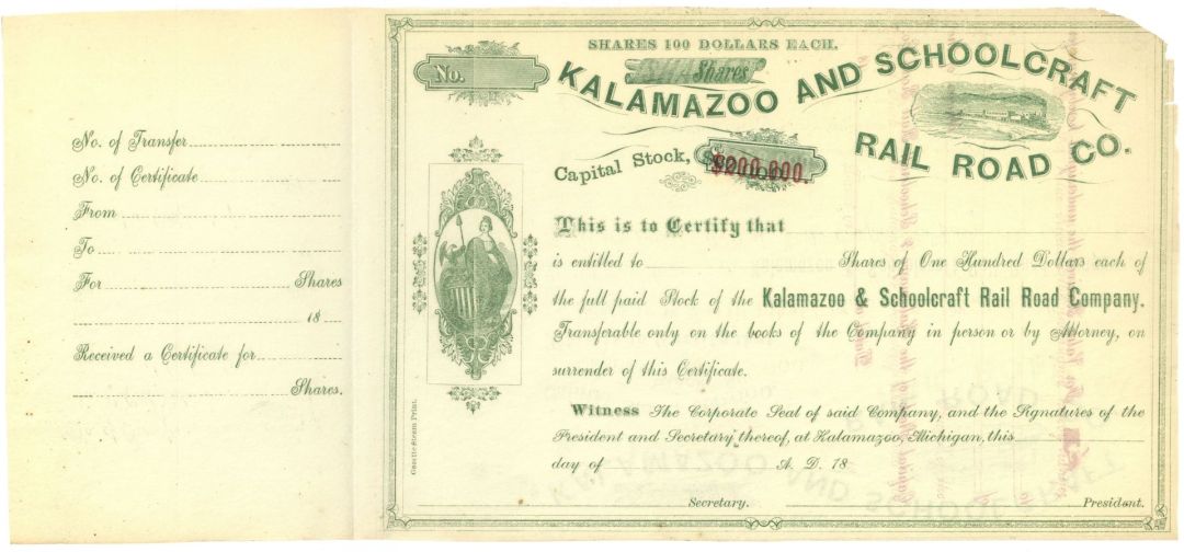 Kalamazoo and Schoolcraft Rail Road Co. - 1860's-70's circa Michigan Railway Stock Certificate