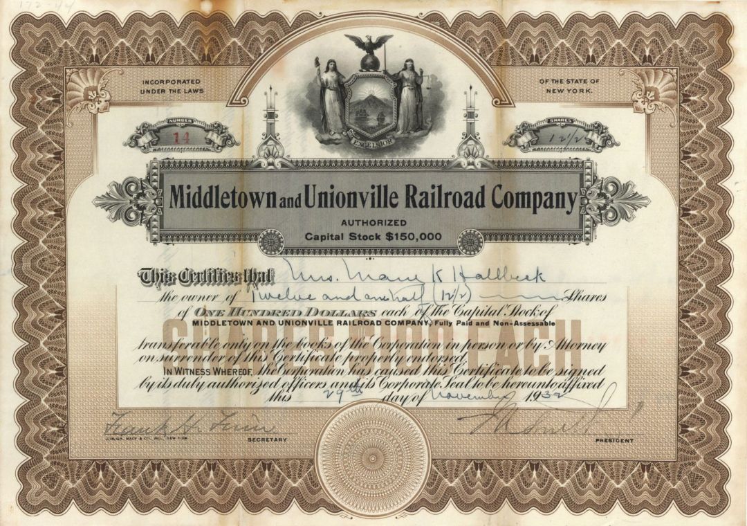 Middletown and Unionville Railroad Co. - 1932 dated Railway Stock Certificate
