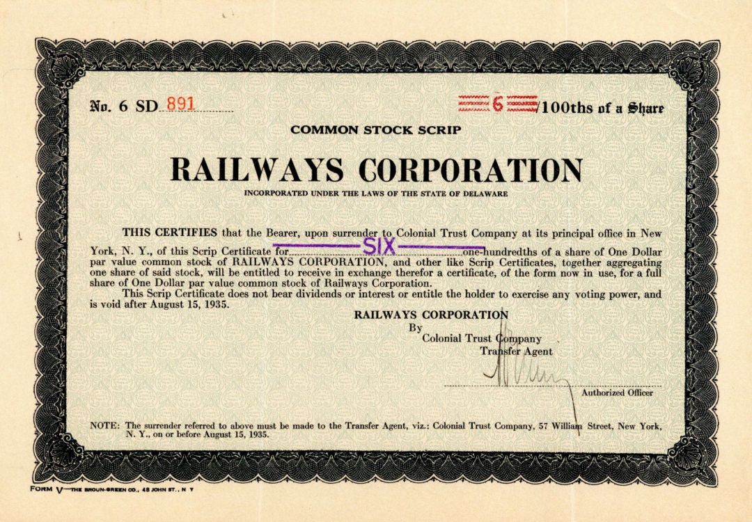 Railways Corp. - Stock Certificate