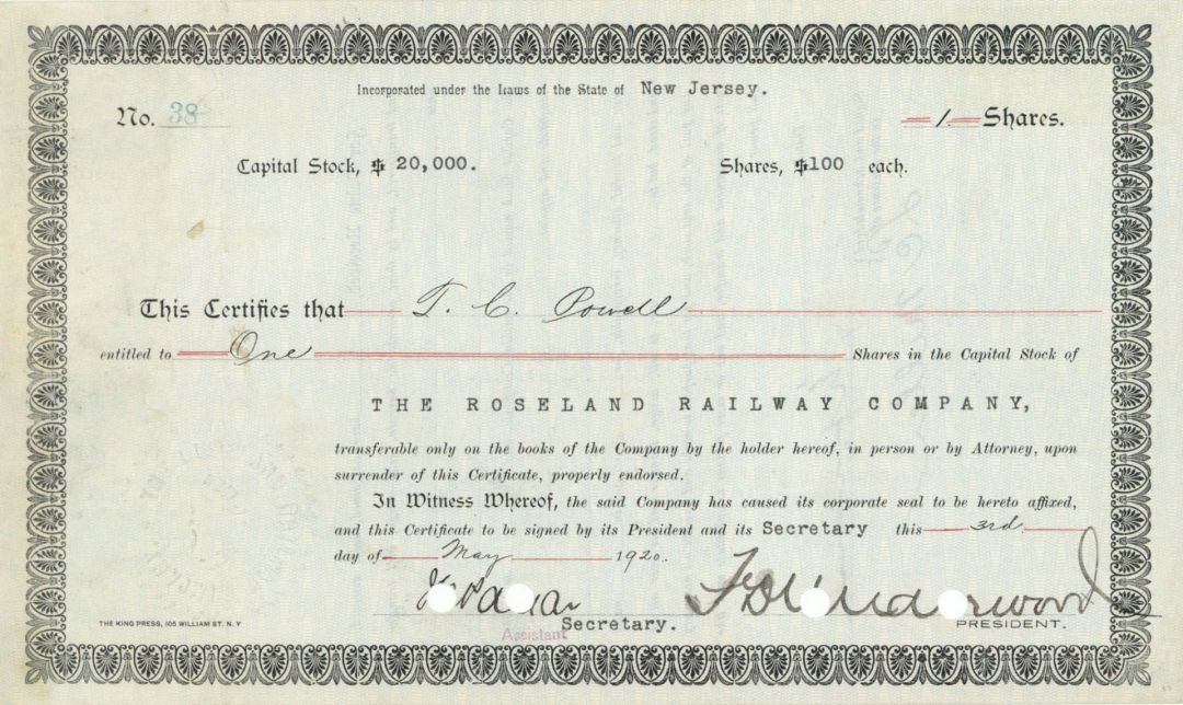 Roseland Railway Co. - Stock Certificate